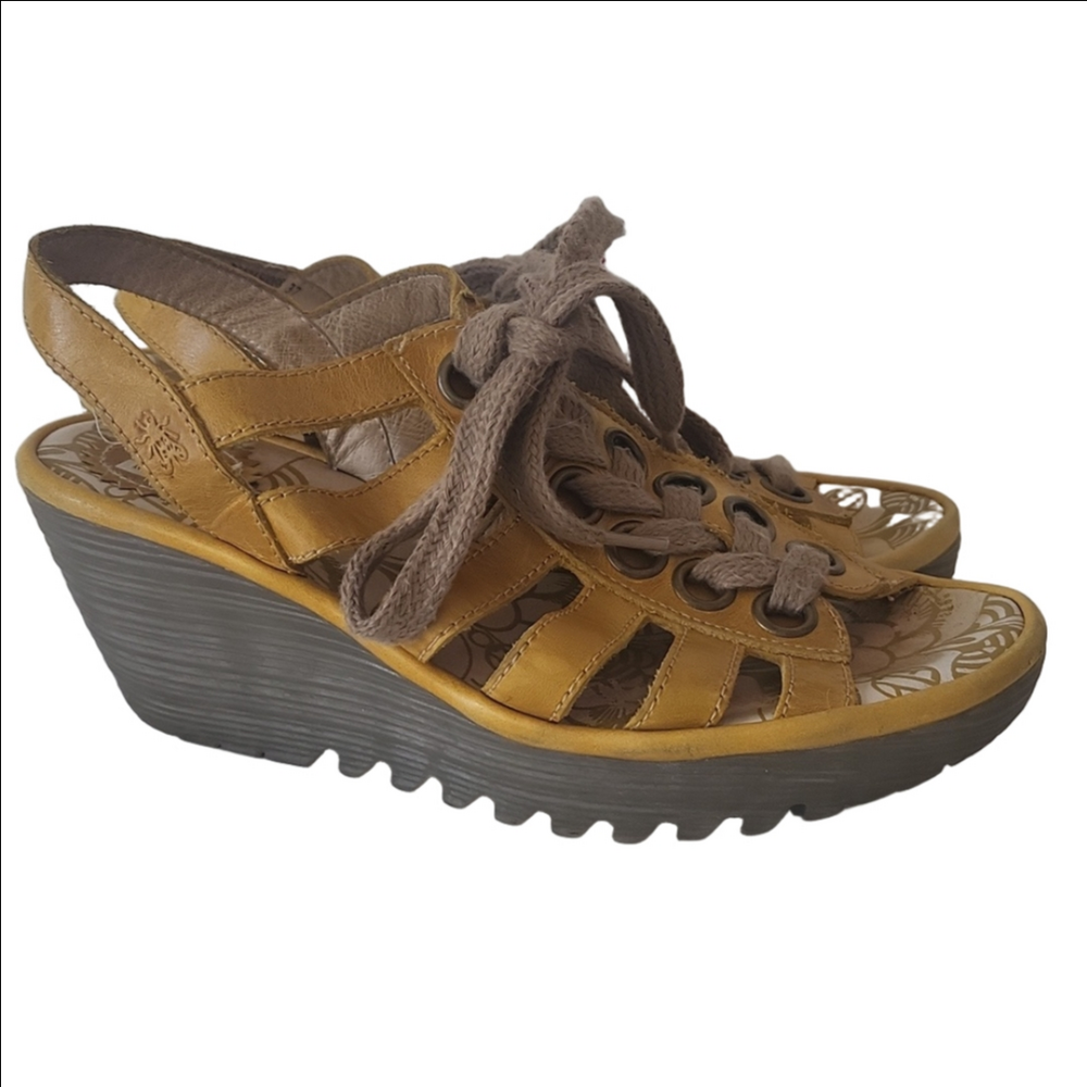 Fly London Leather Lace-Up Wedge Sandals Size 37